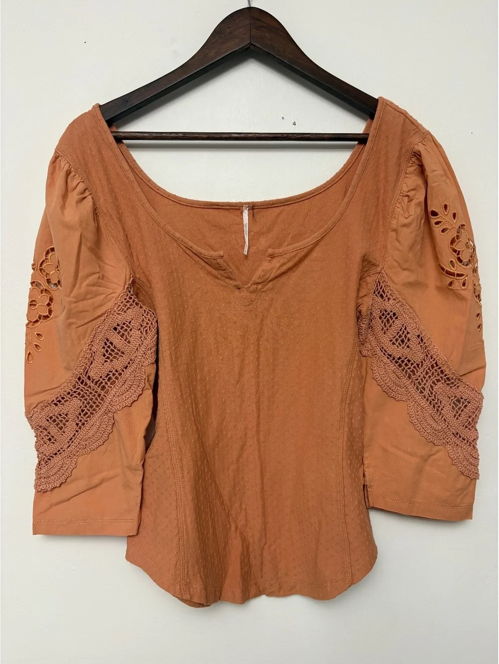 Free people size Large Rust Orange Blouse with Crochet Lace Sleeves